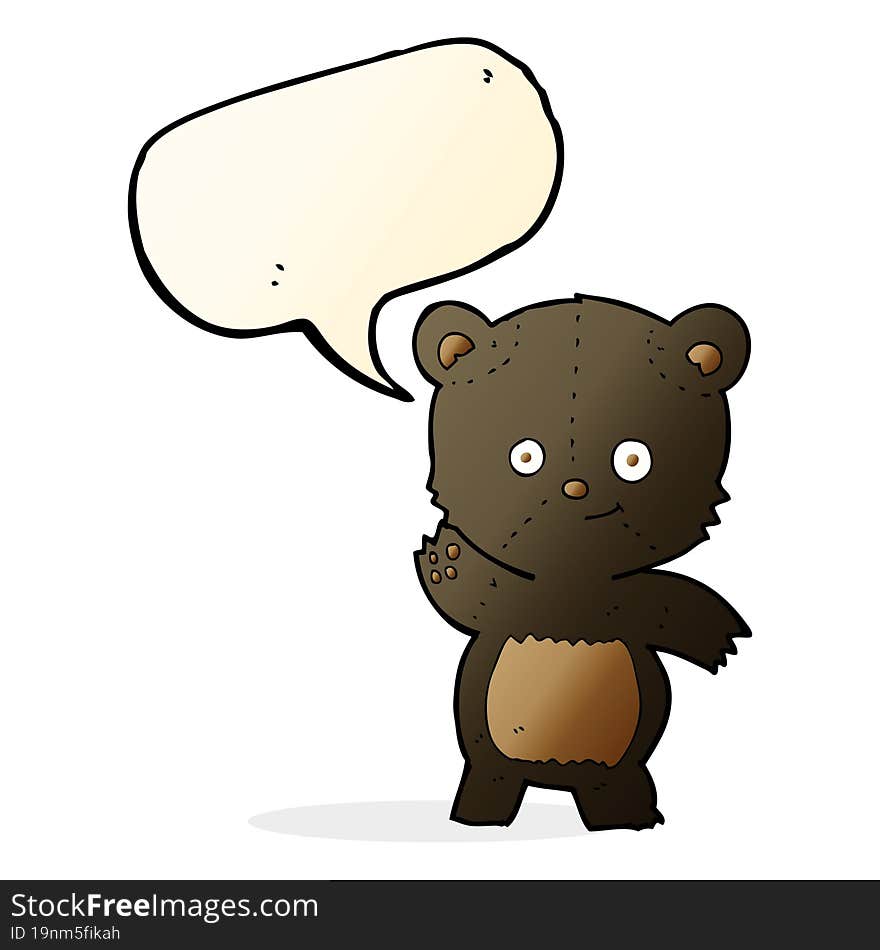 cartoon waving black bear with speech bubble