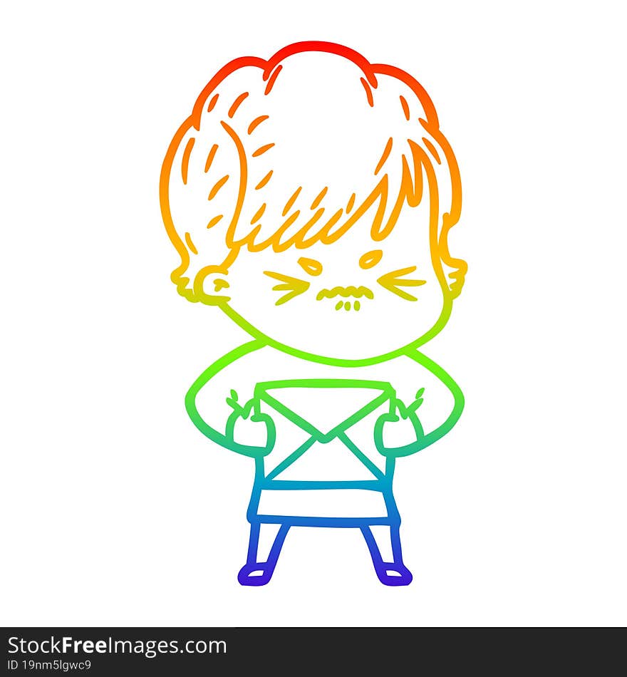 Rainbow Gradient Line Drawing Cartoon Frustrated Woman