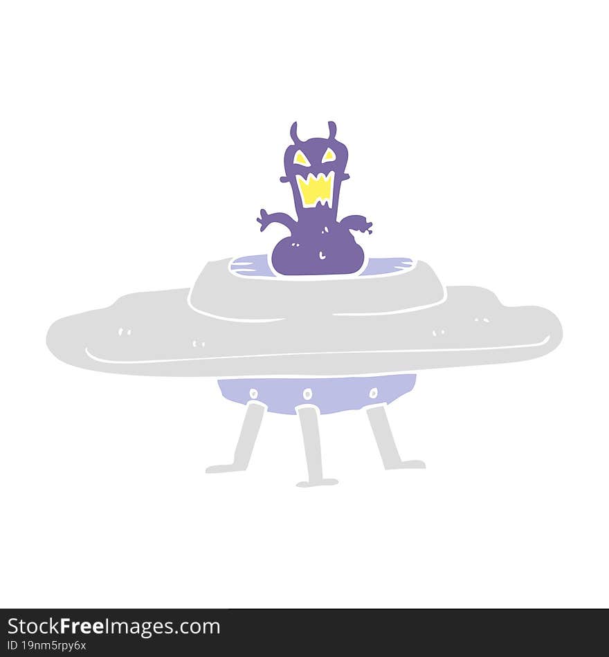 flat color illustration of a cartoon alien in flying saucer