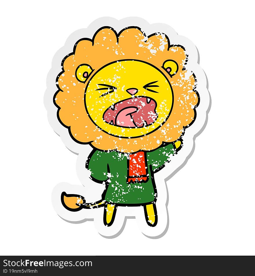 distressed sticker of a cartoon lion in winter clothes