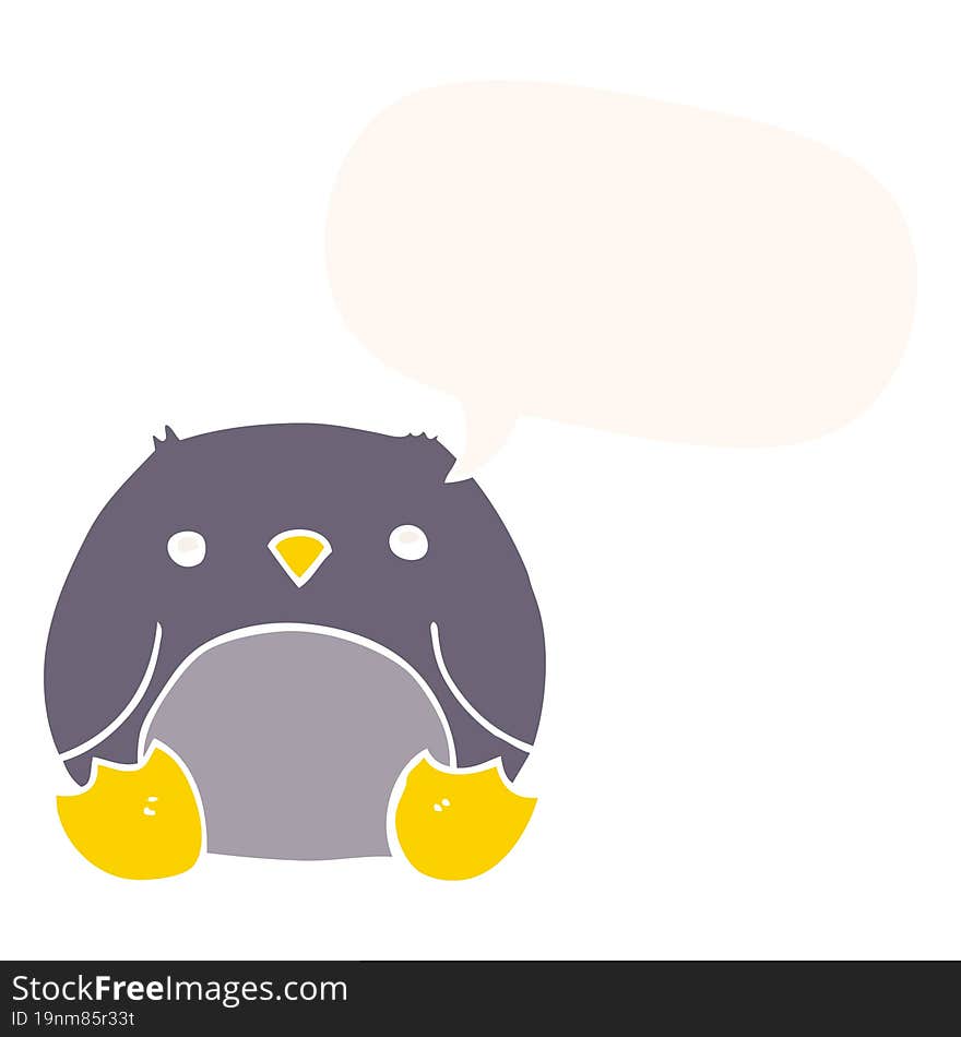 cartoon penguin and speech bubble in retro style