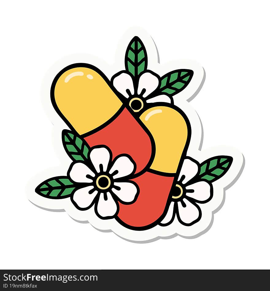 tattoo style sticker of pills and flowers