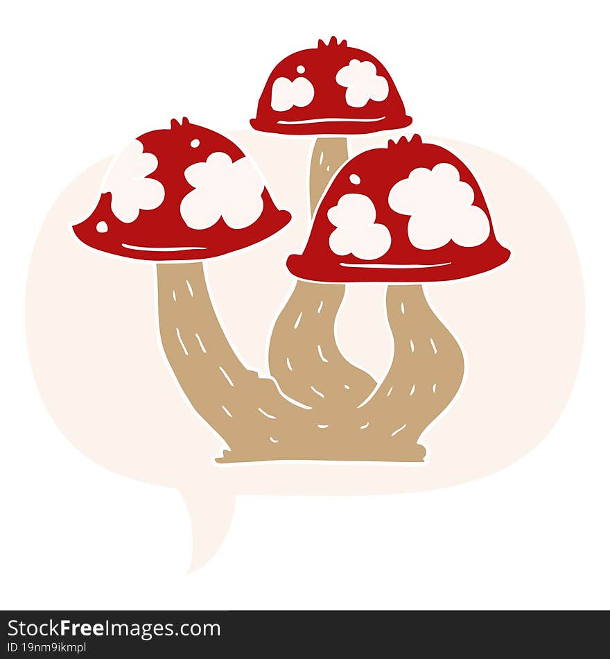 cartoon mushrooms with speech bubble in retro style