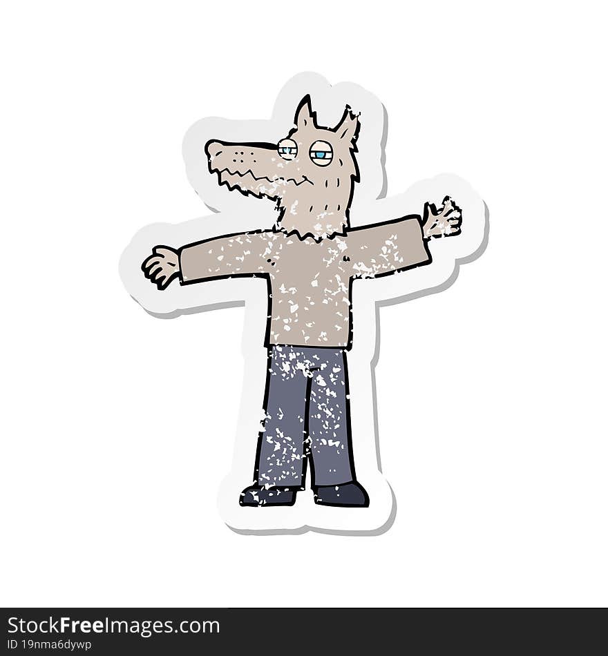 Retro Distressed Sticker Of A Cartoon Happy Wolf Man