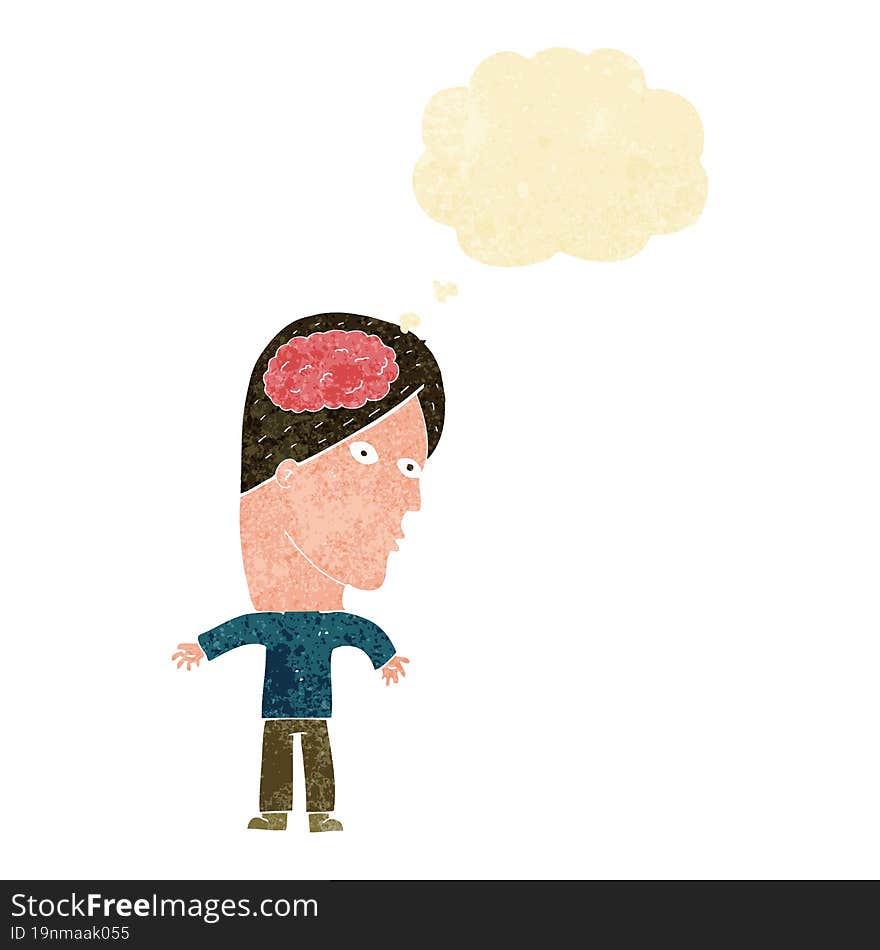 cartoon man with brain symbol with thought bubble