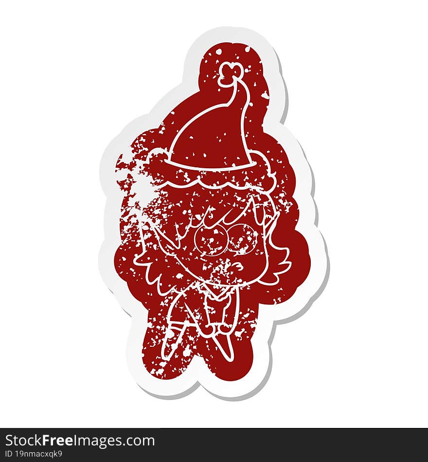 cartoon distressed sticker of a elf girl staring and crouching wearing santa hat