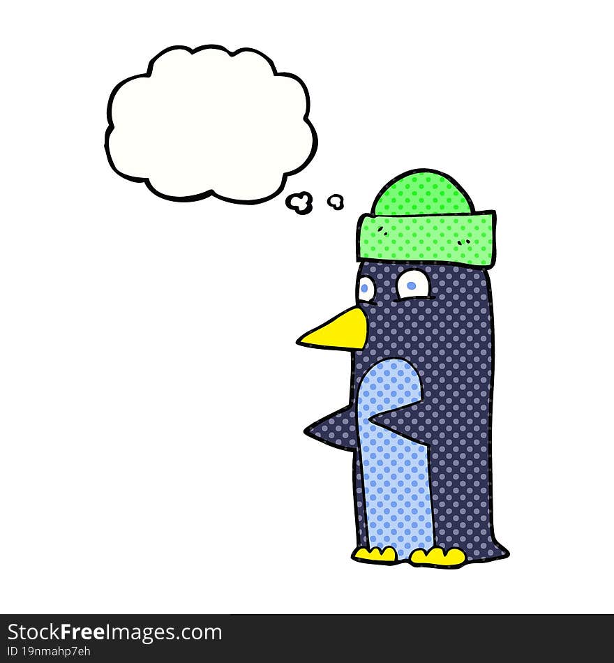 freehand drawn thought bubble cartoon penguin wearing hat