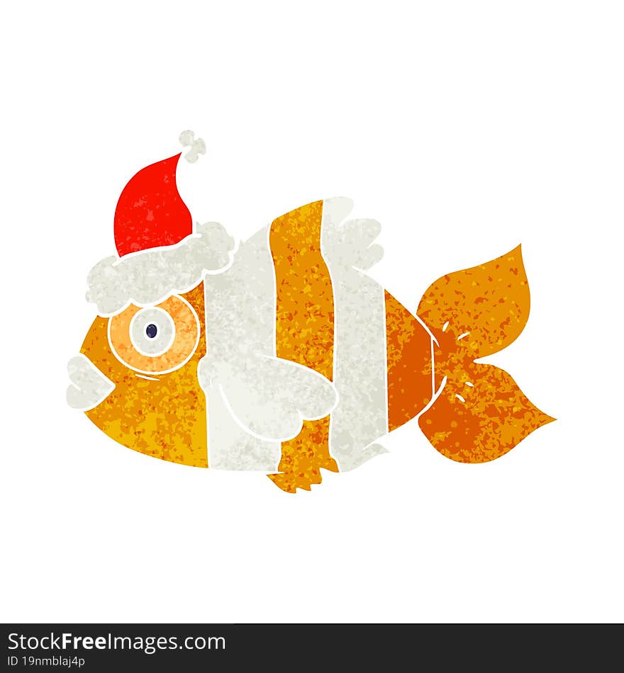 Retro Cartoon Of A Exotic Fish Wearing Santa Hat