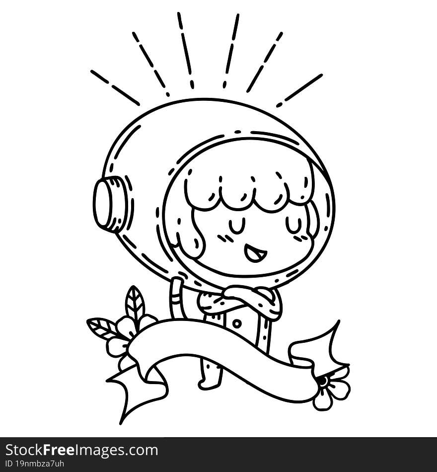 scroll banner with black line work tattoo style woman in astronaut suit