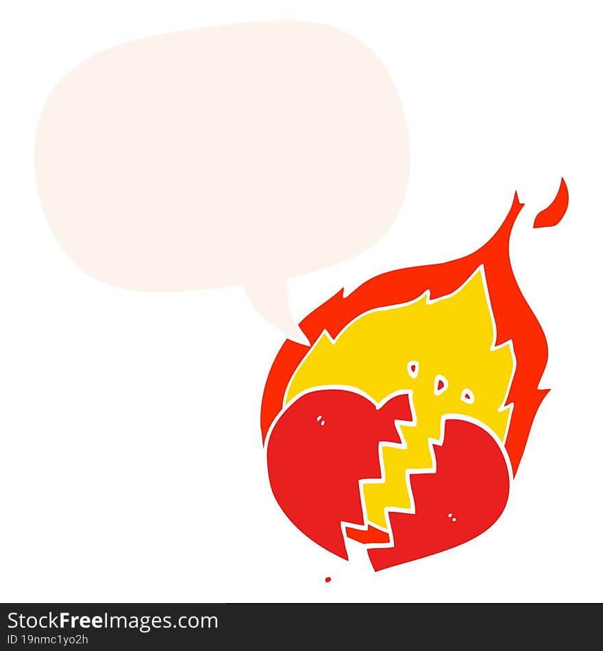 cartoon flaming heart and speech bubble in retro style