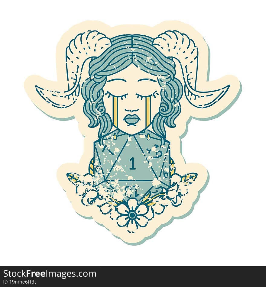 grunge sticker of a crying tiefling with natural one D20 dice roll. grunge sticker of a crying tiefling with natural one D20 dice roll