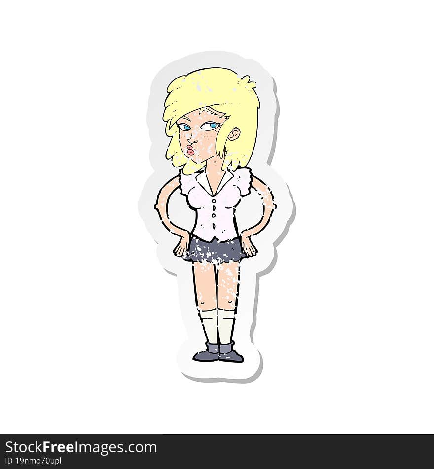 Retro Distressed Sticker Of A Cartoon Pretty Woman With Hands On Hips