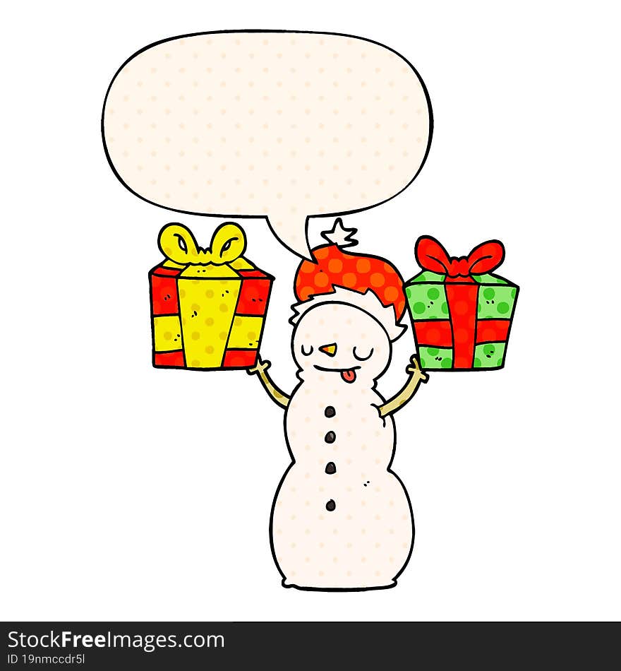 Cartoon Snowman And Present And Speech Bubble In Comic Book Style