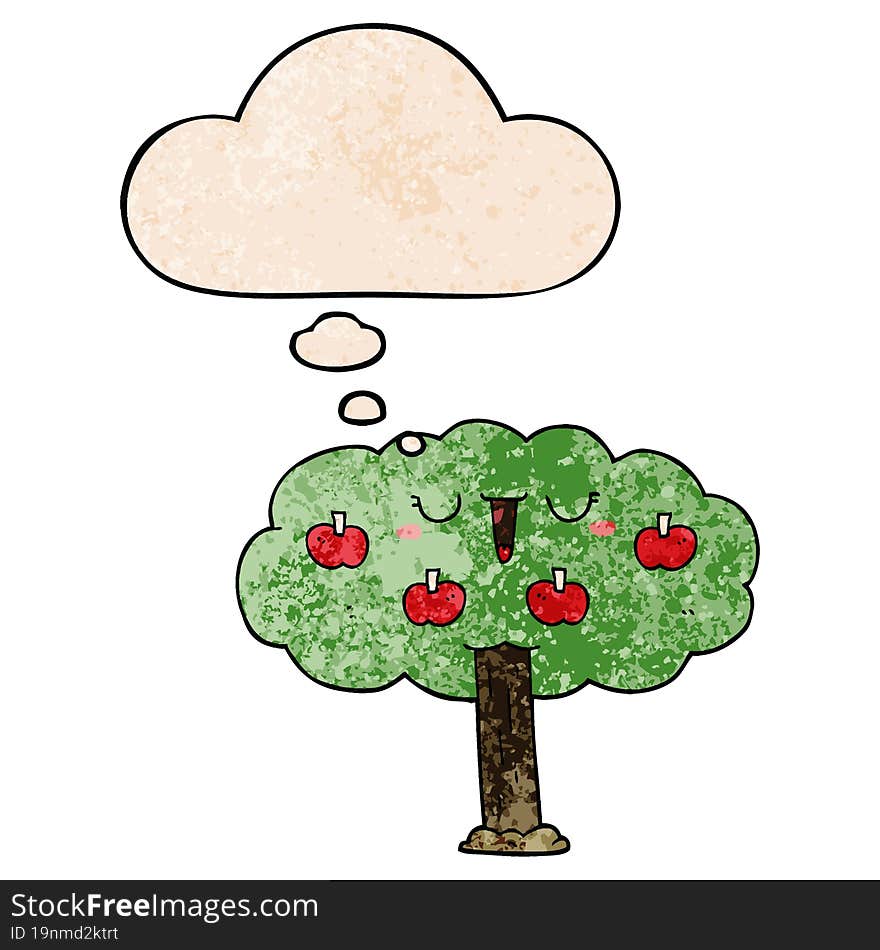 cartoon apple tree and thought bubble in grunge texture pattern style