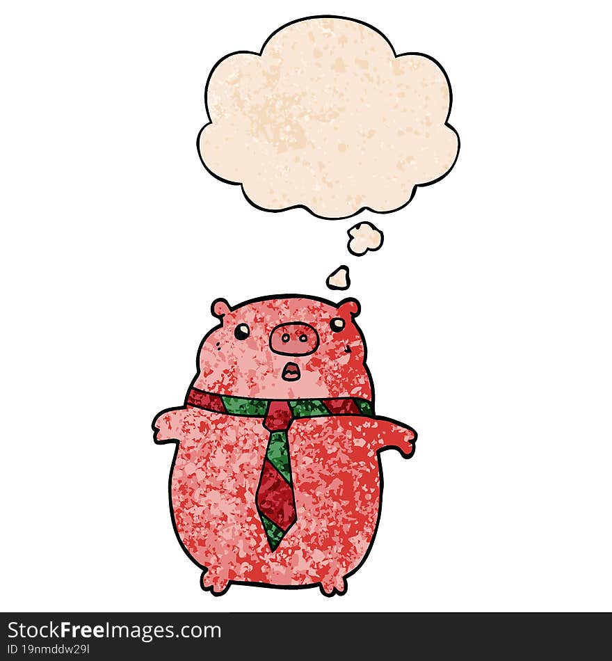 cartoon pig wearing office tie and thought bubble in grunge texture pattern style