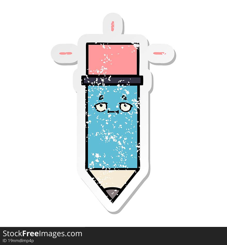 distressed sticker of a cute cartoon pencil