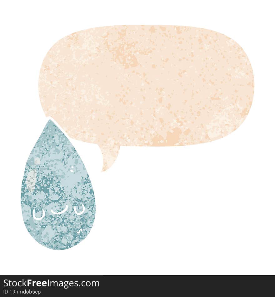 cartoon cute raindrop and speech bubble in retro textured style