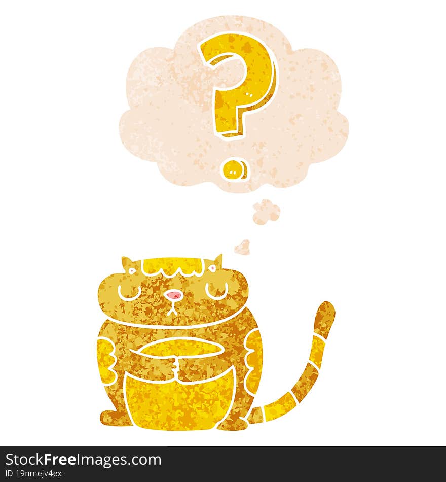 cartoon cat with question mark and thought bubble in retro textured style