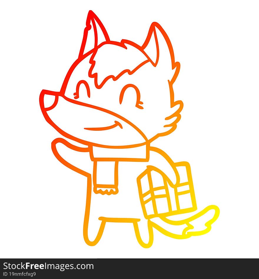 warm gradient line drawing friendly cartoon wolf with present