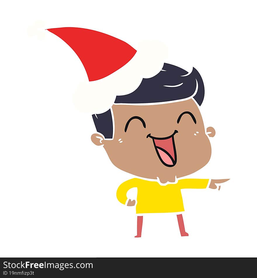 flat color illustration of a man laughing wearing santa hat