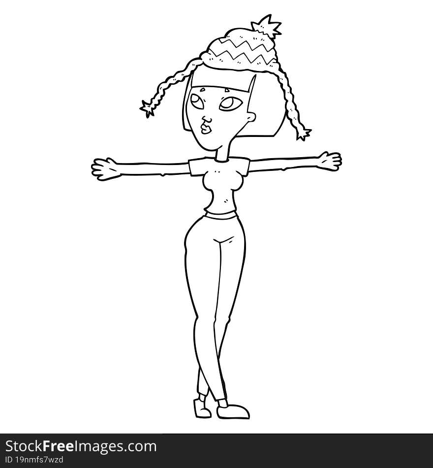 black and white cartoon woman wearing hat