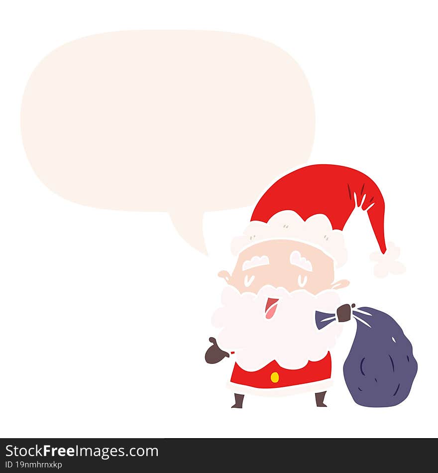 cartoon santa claus carrying sack of presents and speech bubble in retro style