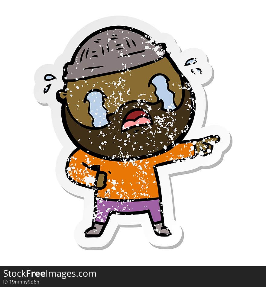 distressed sticker of a cartoon bearded man crying