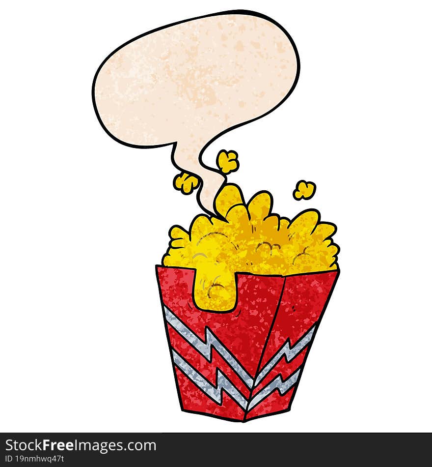 cartoon box of popcorn and speech bubble in retro texture style