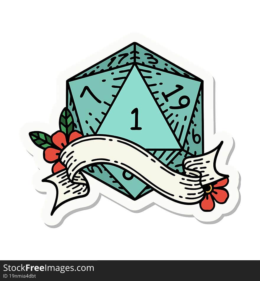 sticker of a natural one d20 dice roll. sticker of a natural one d20 dice roll