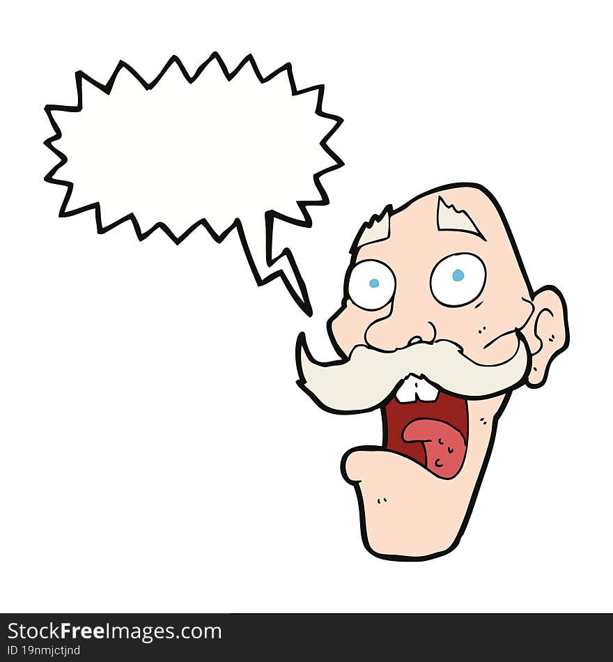 cartoon frightened old man with speech bubble