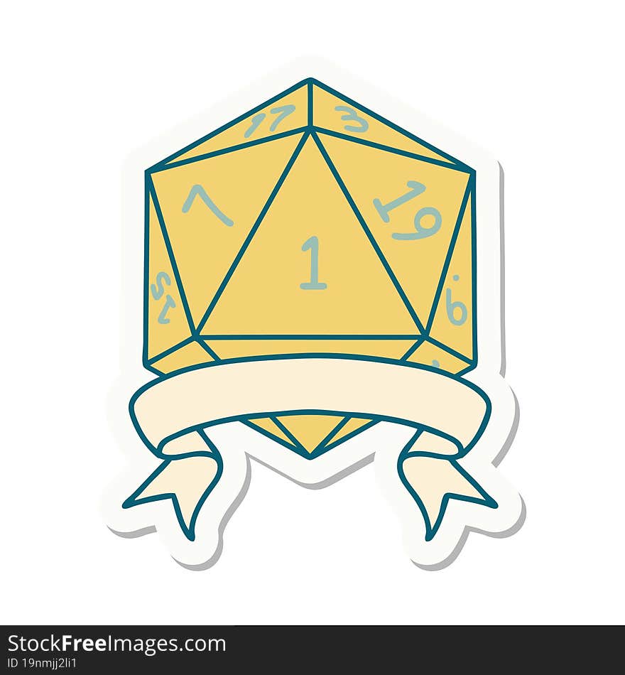 sticker of a natural one d20 dice roll. sticker of a natural one d20 dice roll