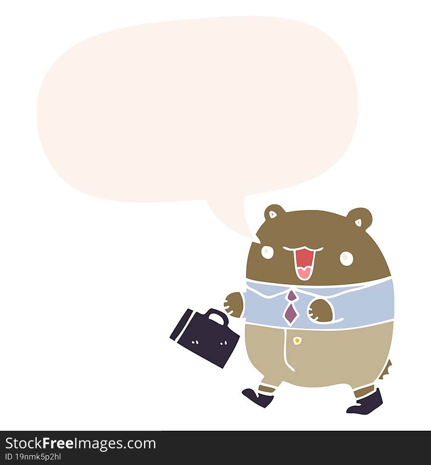 Cute Cartoon Business Bear And Speech Bubble In Retro Style