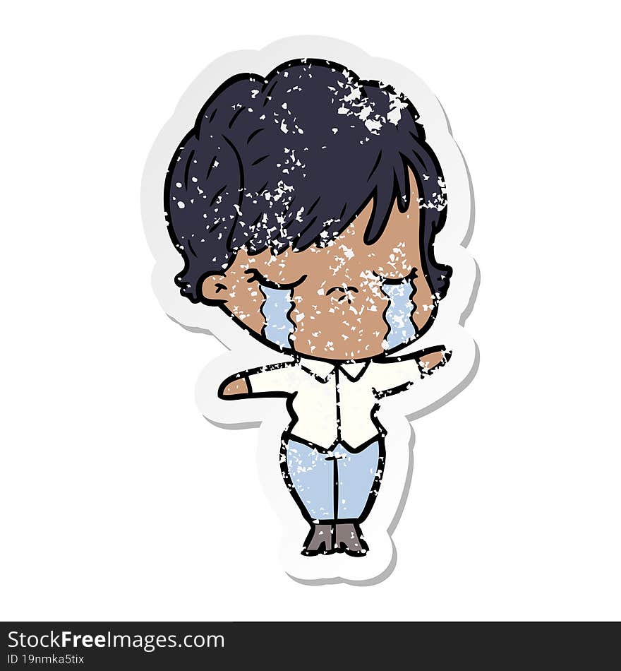 distressed sticker of a cartoon woman crying