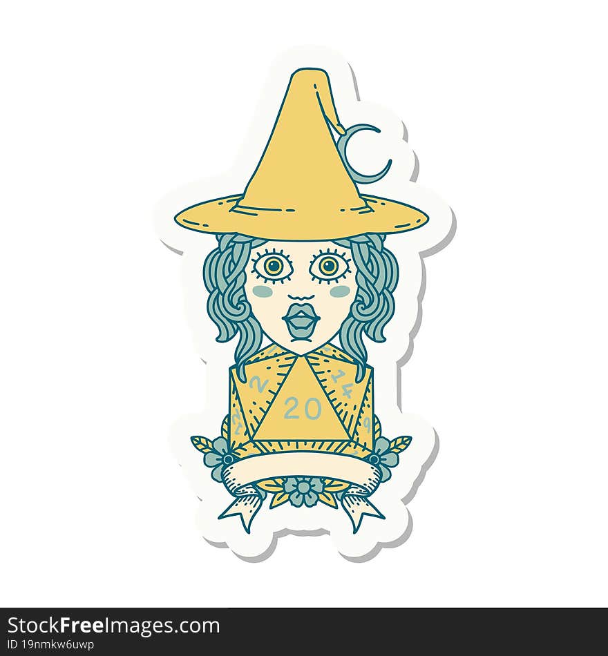 human witch with natural twenty dice roll sticker