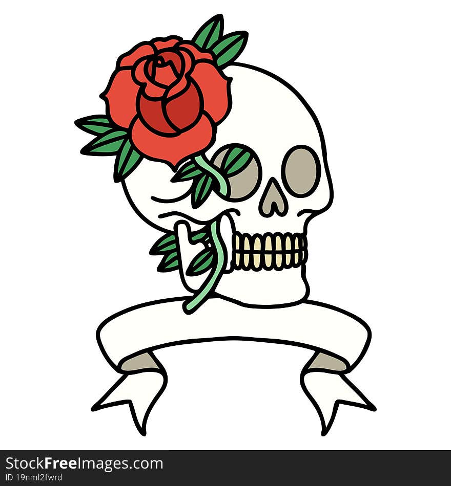 tattoo with banner of a skull and rose