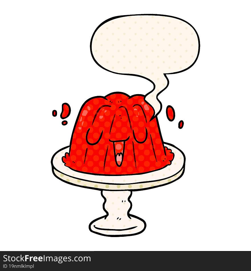 cartoon jelly on plate wobbling and speech bubble in comic book style