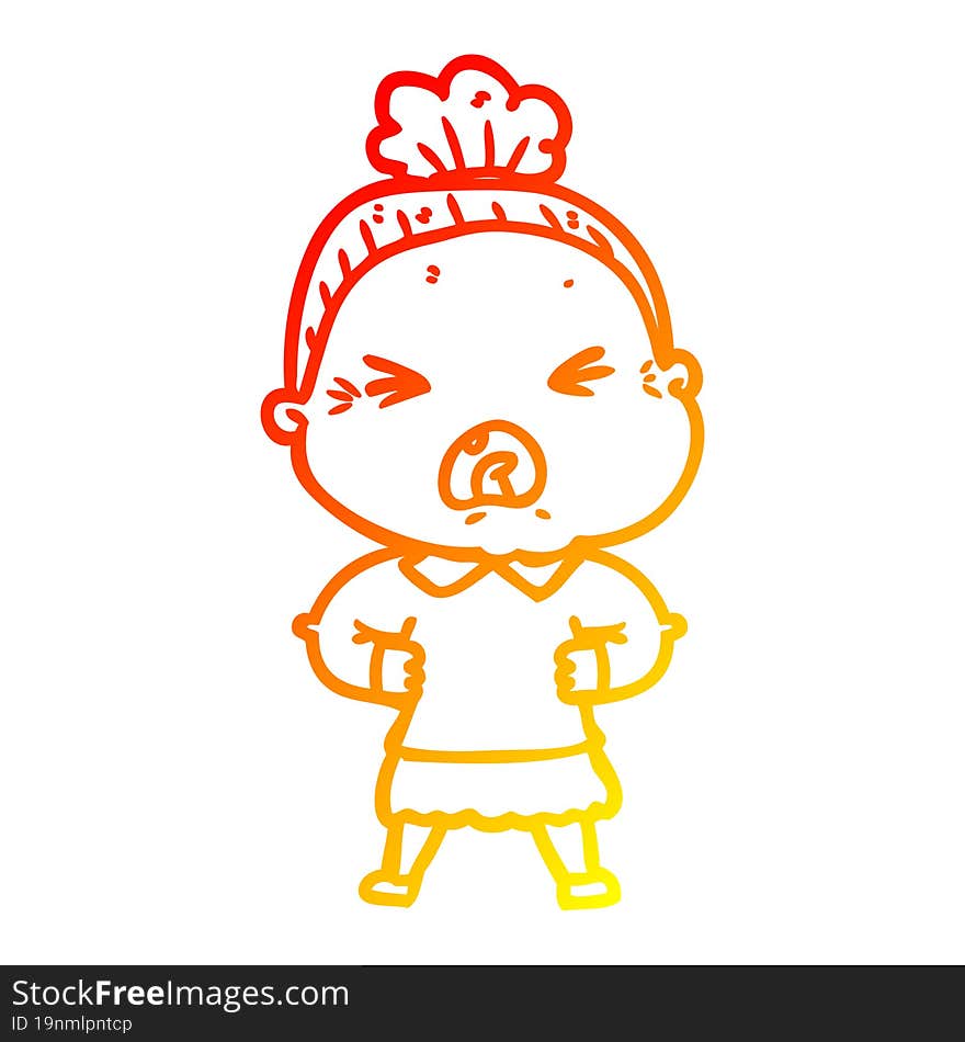 warm gradient line drawing cartoon angry old woman