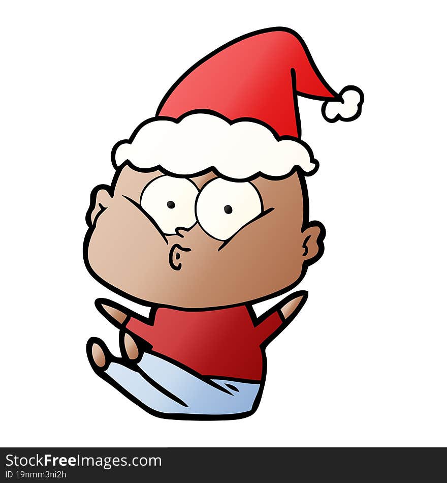 gradient cartoon of a bald man staring wearing santa hat