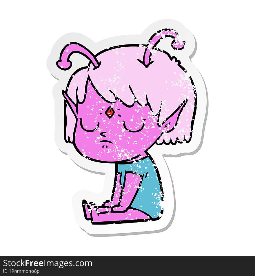 distressed sticker of a cartoon alien girl