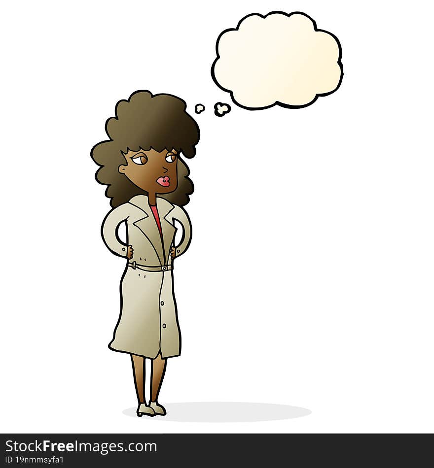 cartoon woman in trench coat with thought bubble