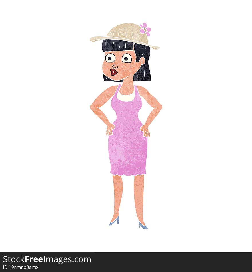 retro cartoon woman wearing sun hat