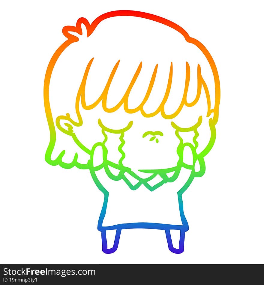 rainbow gradient line drawing of a cartoon woman crying