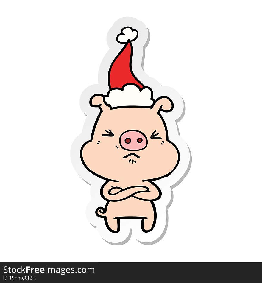 sticker cartoon of a angry pig wearing santa hat