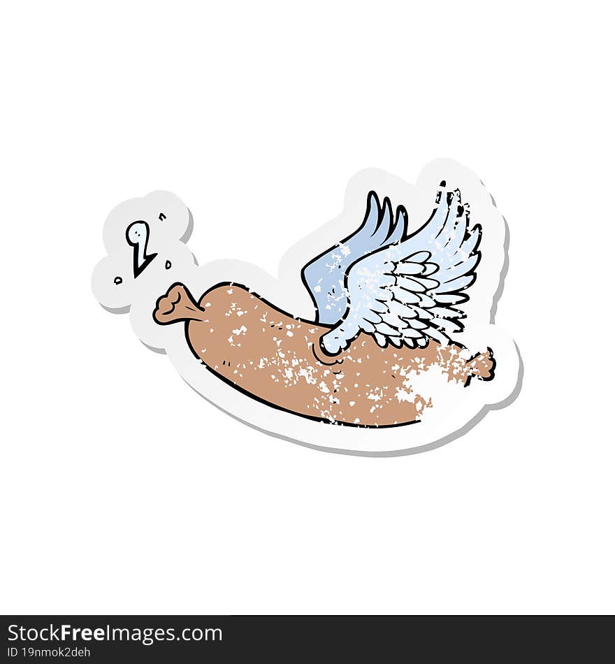 retro distressed sticker of a cartoon flying sausage