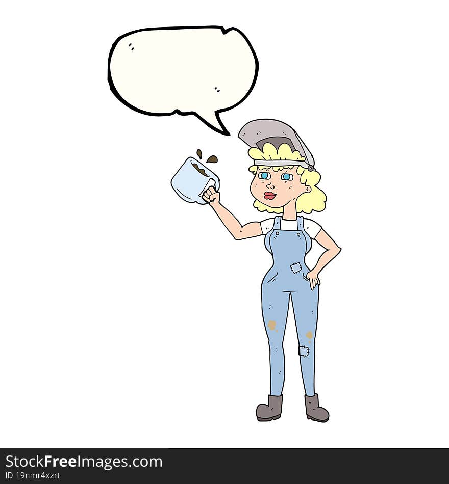 speech bubble cartoon woman in dungarees