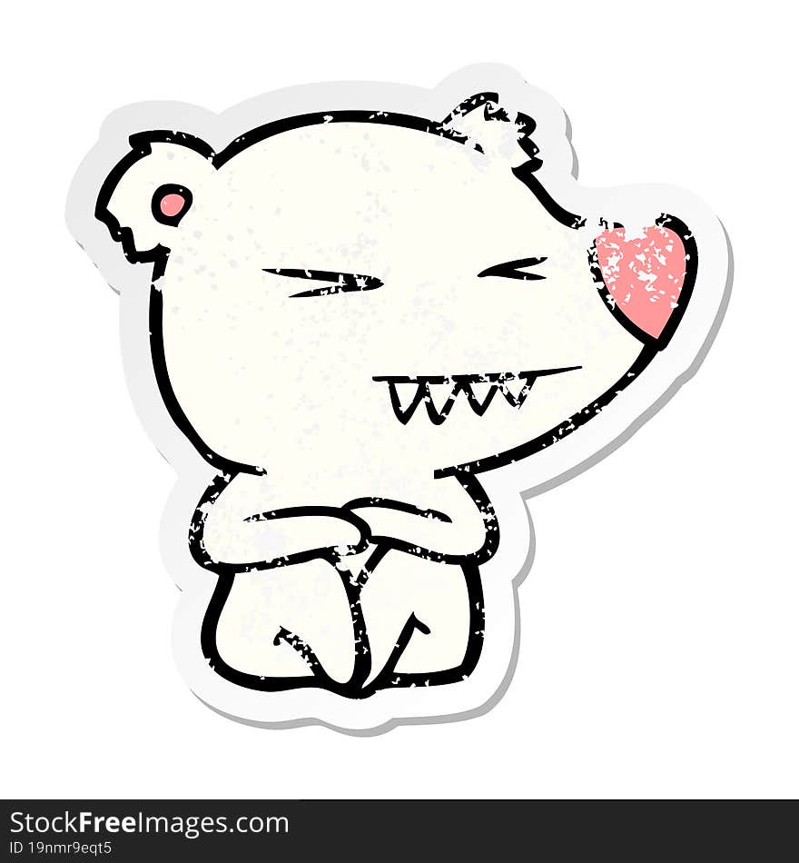 distressed sticker of a angry polar bear cartoon sitting