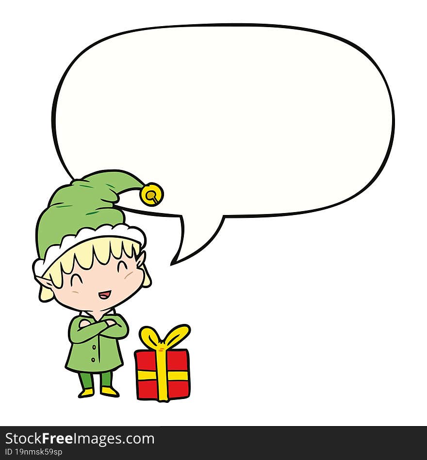 Cartoon Happy Christmas Elf And Speech Bubble