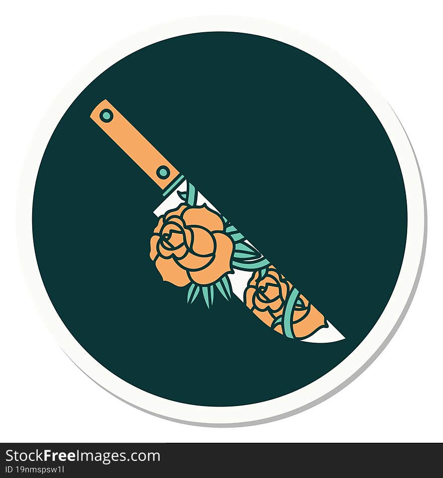 Tattoo Style Sticker Of A Dagger And Flowers