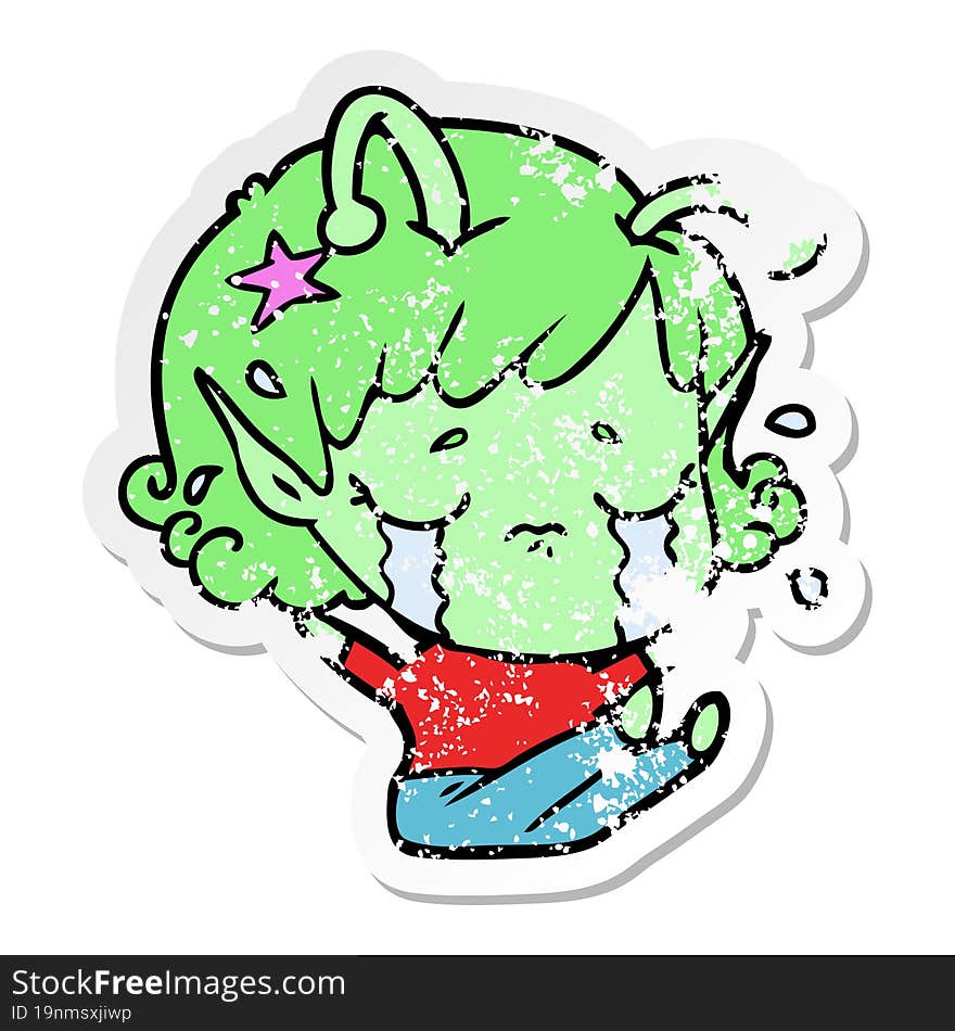 distressed sticker of a cartoon crying alien girl