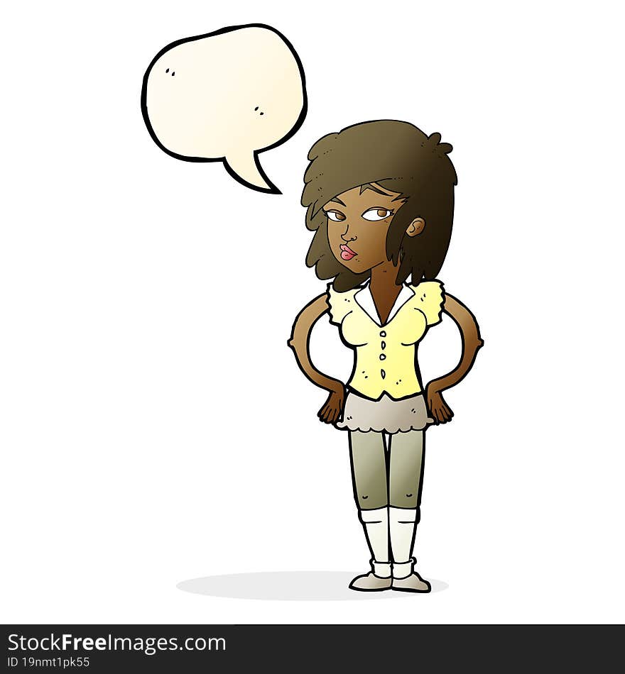 cartoon pretty woman with hands on hips with speech bubble